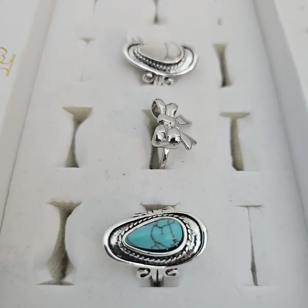 3pc Fashion Ring Set Silver Bow Blue Stone White Stone Country Girl Southwestern